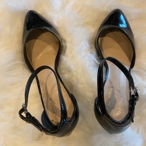 Ladies Franco Sarto black patin leather heels size 5